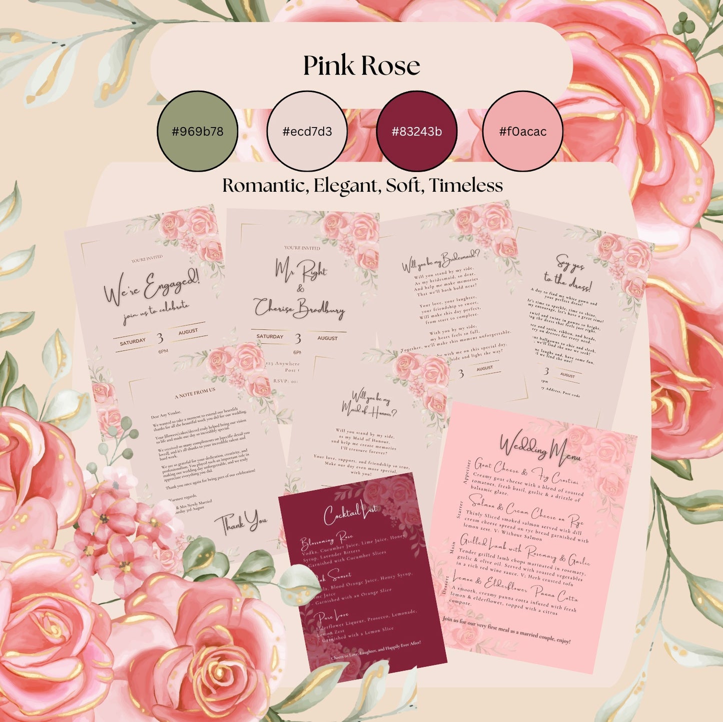 Pink Rose Maid of Honour Invitation